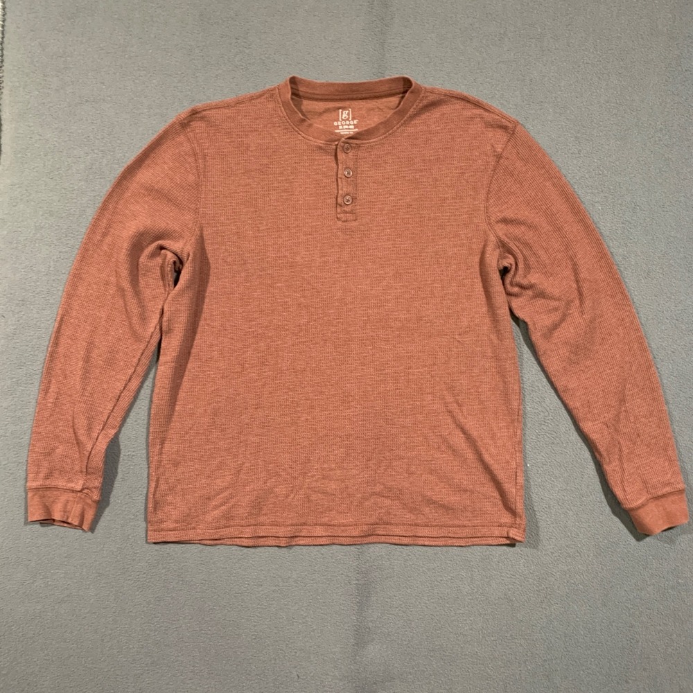 George Henley Shirt Men XL Brown Waffle Knit Long Sleeve Thermal Casual Layering